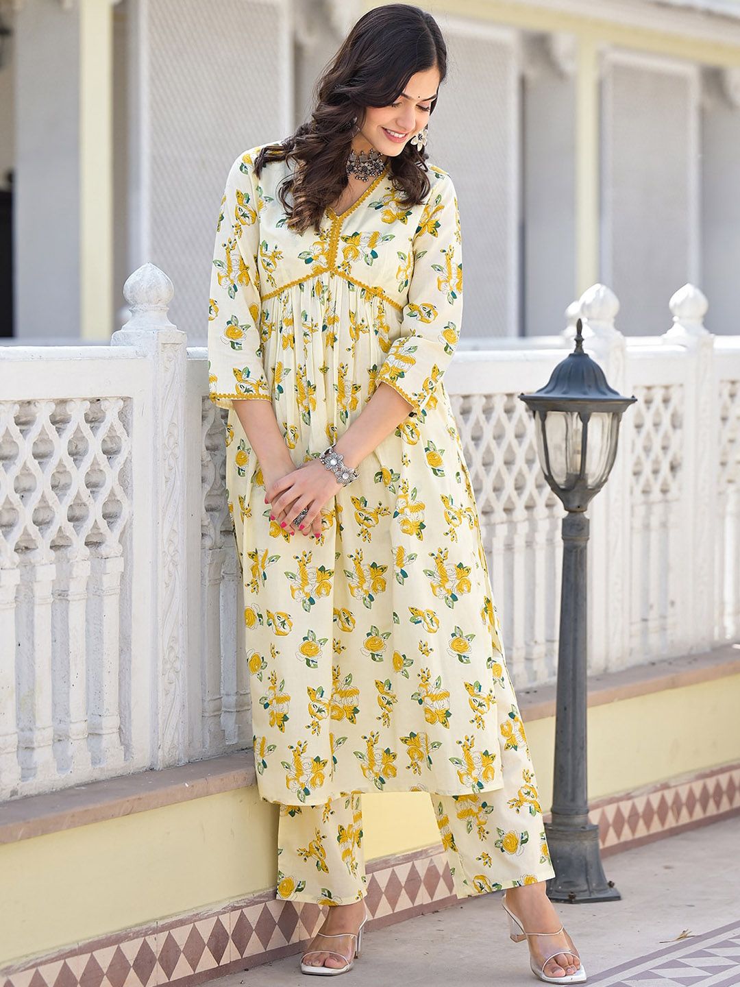 Vishudh Floral Printed Empire Pure Cotton Kurta with Trouser & Dupatta - Distacart