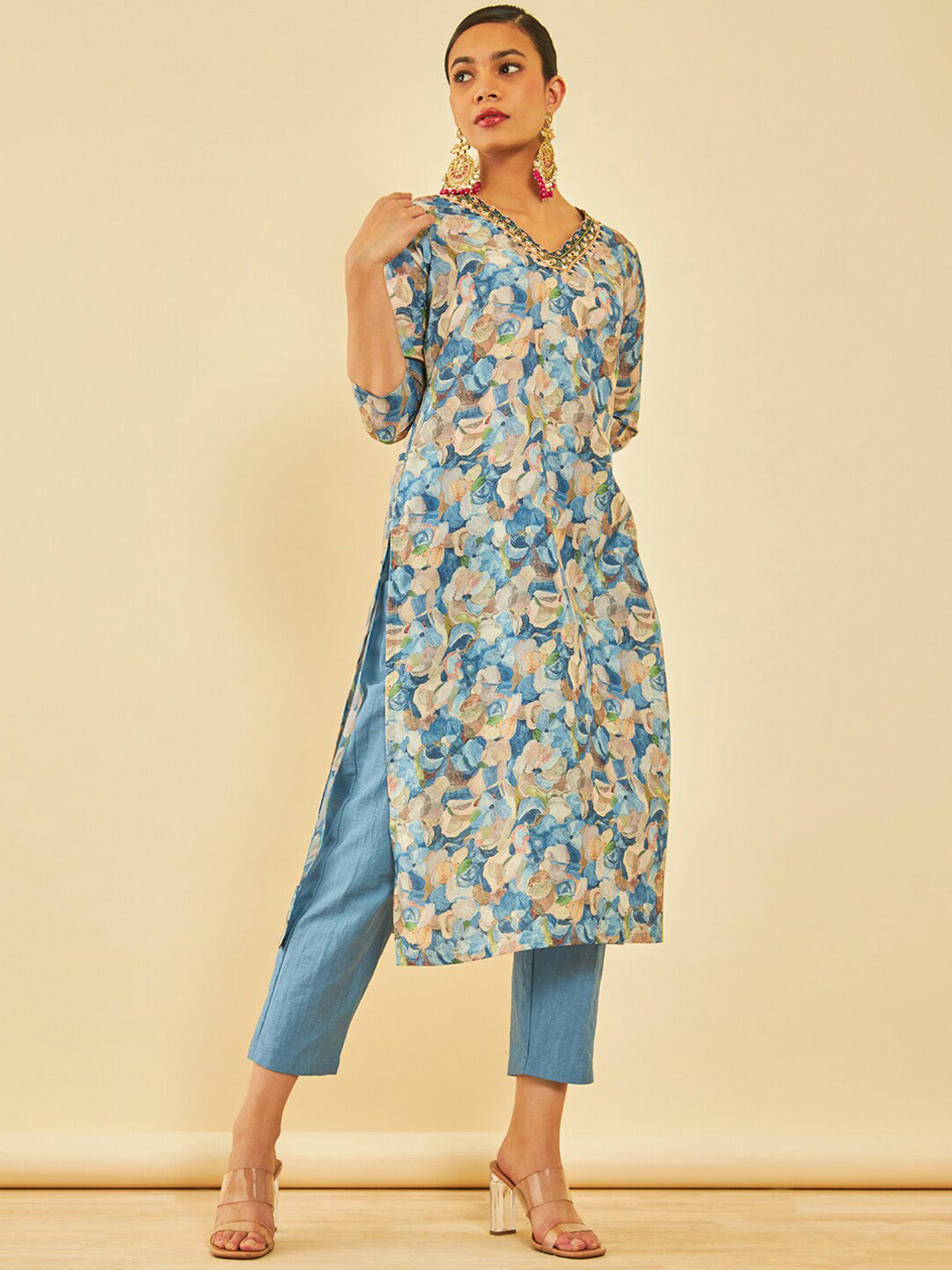 Soch Floral Printed V-Neck Three-Quarter Sleeves Beads and Stones Kurta with Trousers - Distacart