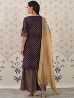 Thumbnail for Ode by House of Pataudi Purple Floral Printed Pure Cotton Kurta With Sharara & Dupatta - Distacart