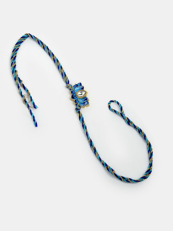 NVR Women & Men Set of 2 Blue Lotus Shape Kundan-Studded & Beaded Handcrafted Wraparound Rakhi Set With Roli Chawal - Distacart