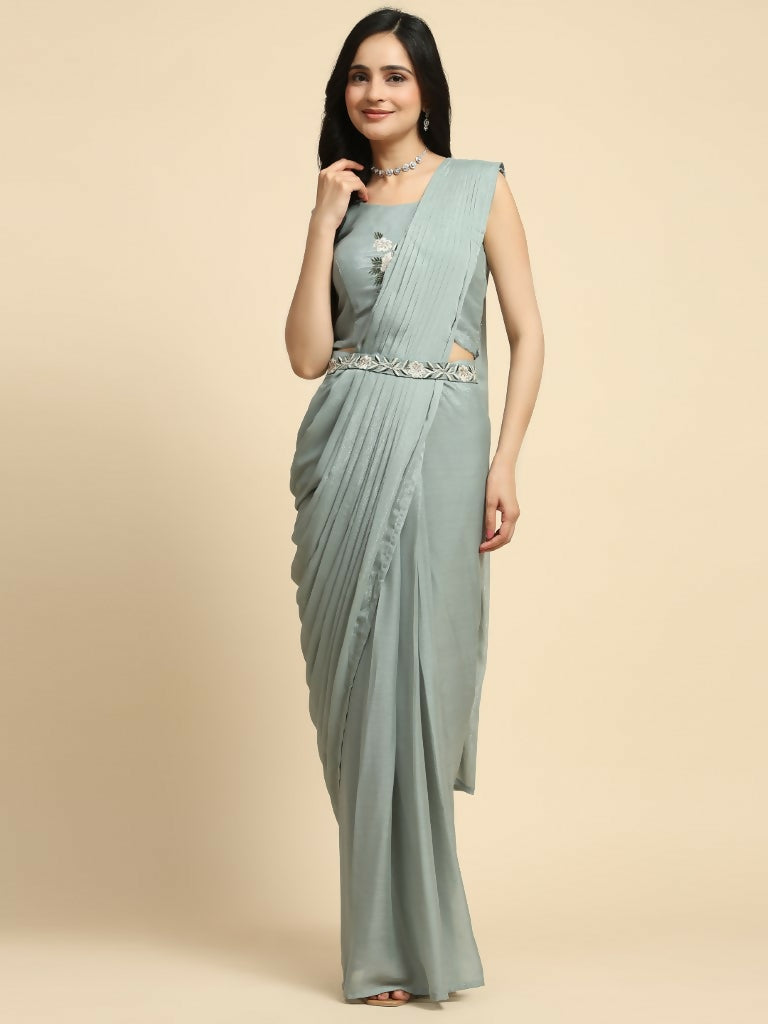 Sea Green Chiffon Solid Ready to wear Saree with stitched Blouse - Aayan - Distacart
