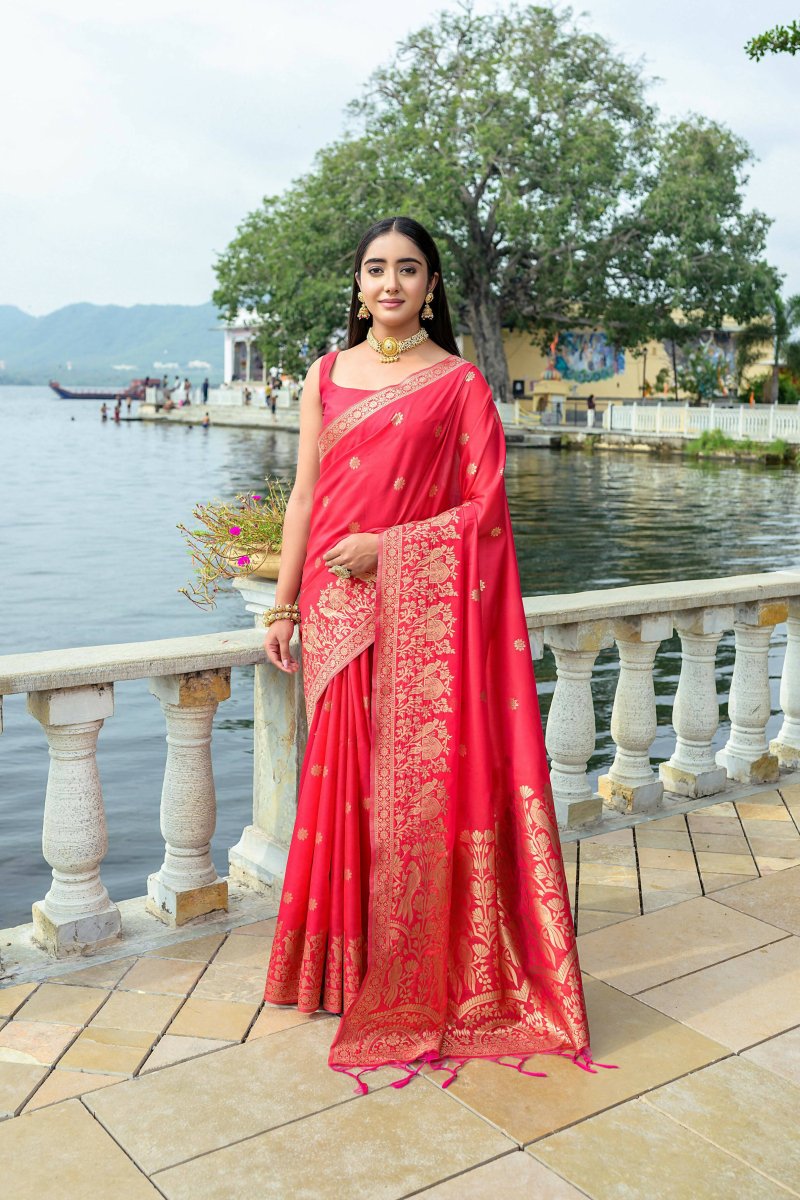 Aastha Fashion Red Woven Soft Silk Saree with Blouse - Distacart