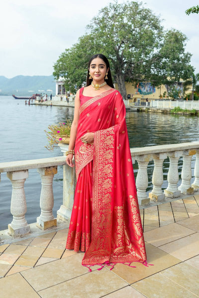 Aastha Fashion Red Woven Soft Silk Saree with Blouse - Distacart