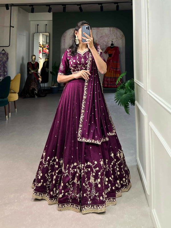 Vastranavya Vichitra Silk Sequins And Thread Embroidery Work Lehenga Choli - Wine - Distacart