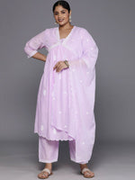 Thumbnail for Sztori Plus Size Floral Embroidered Pure Cotton Anarkali Kurta & Trousers With Dupatta - Distacart