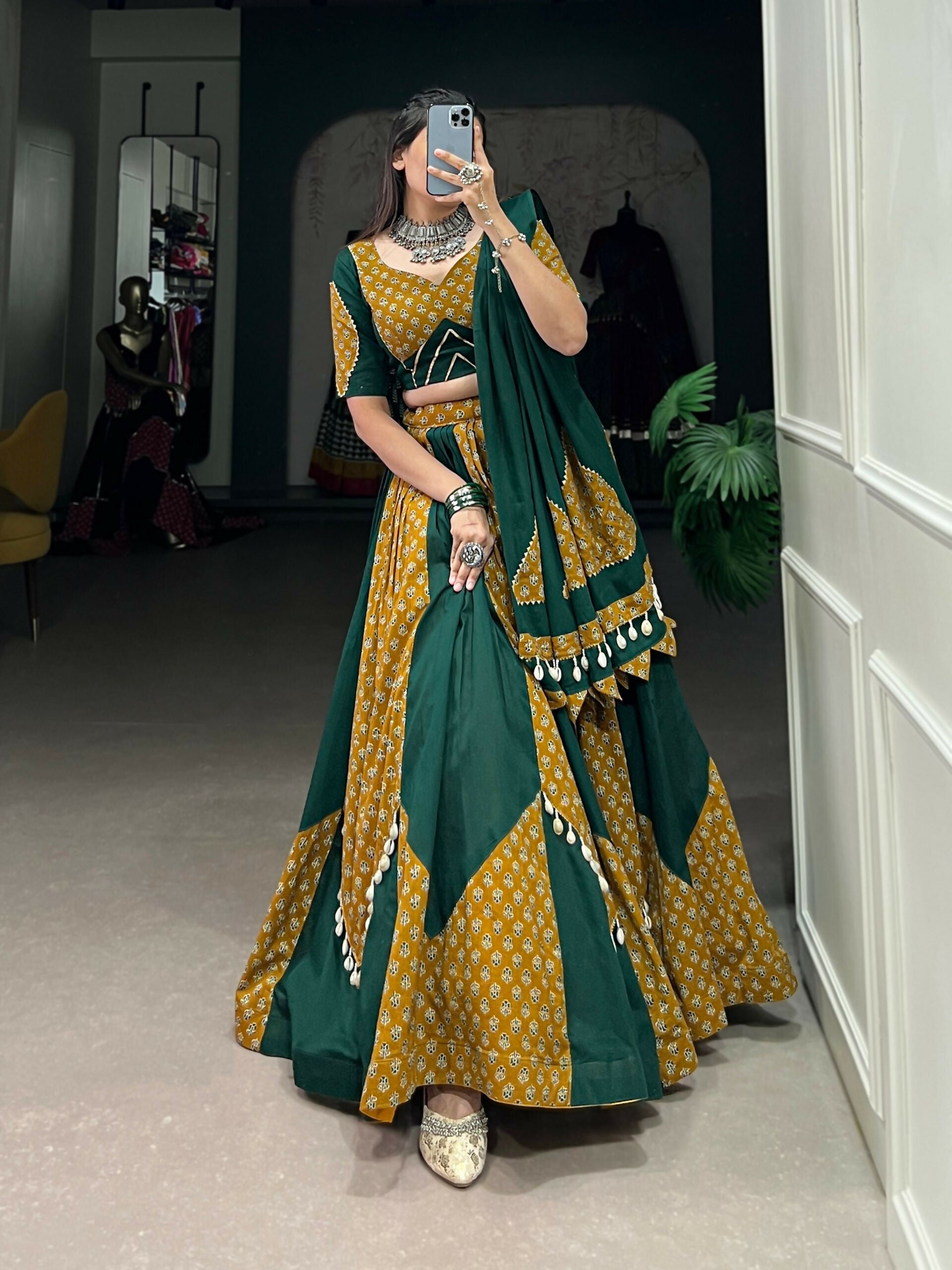 Vastranavya Navaratri Special Pure Cotton Printed With Cowrie (Kodi) Lace Touch Up Lehenga with Stitched Blouse - Green - Distacart