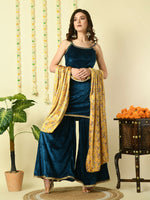 Thumbnail for Myshka Women's Teal Velvet Kurti & Sharara With Dupatta Party Sets - Distacart