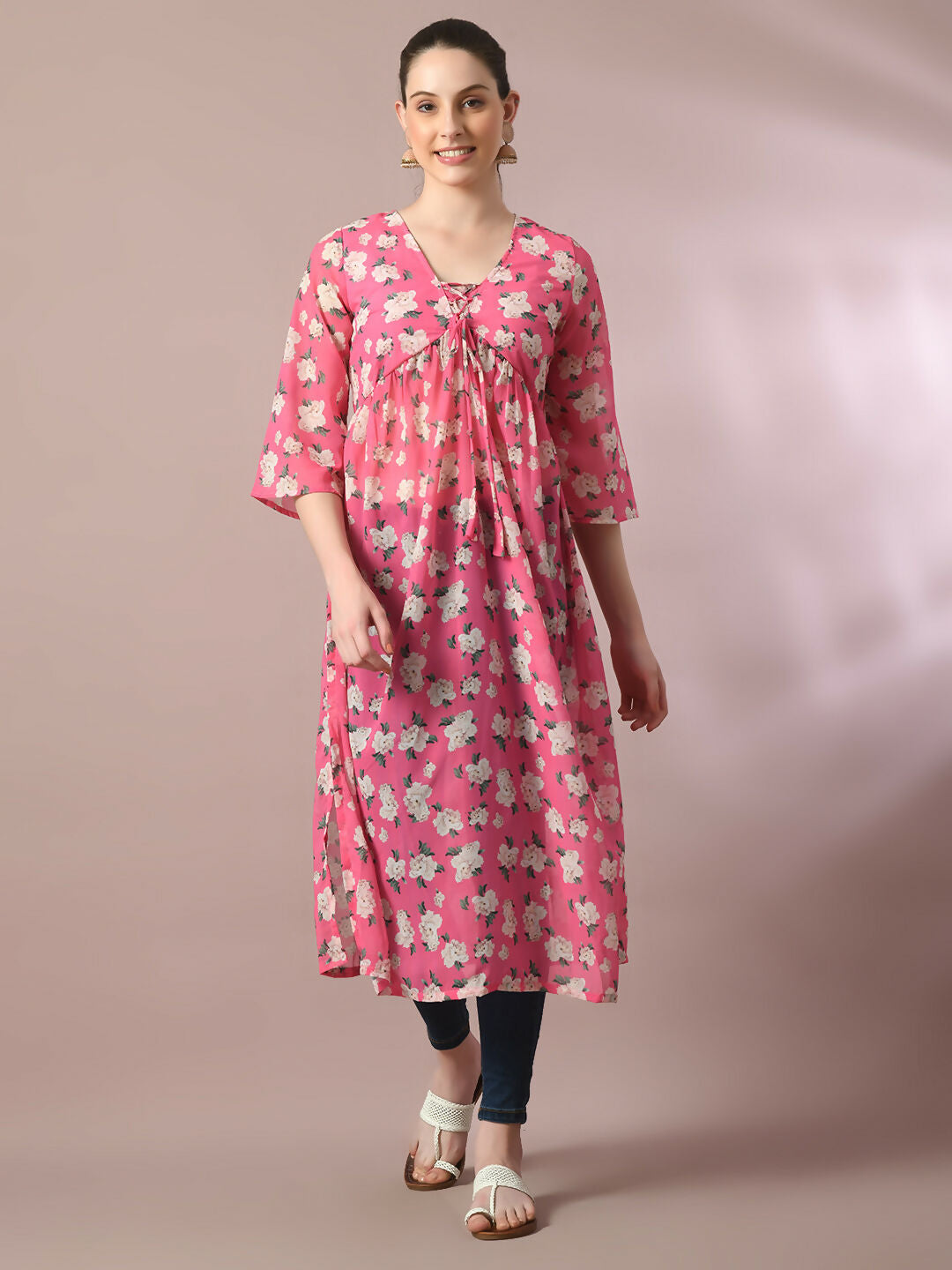 Myshka Women's Pink Printed Georgette A-Line Nyra-cut Kurta - Distacart