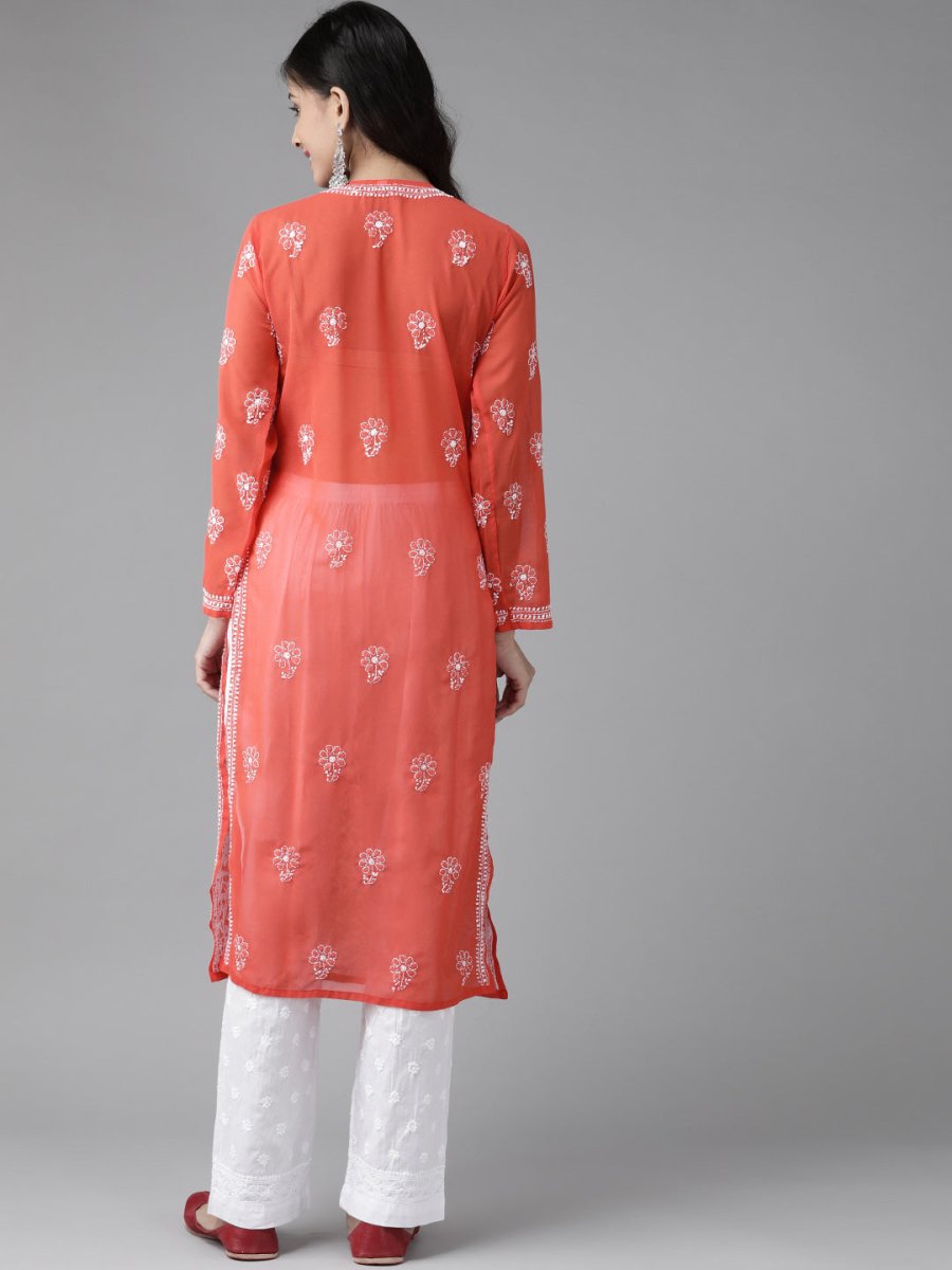 ADA Women Red & White Sustainable Hand Embroidered Chikankari Handloom Kurta with Palazzos - Distacart