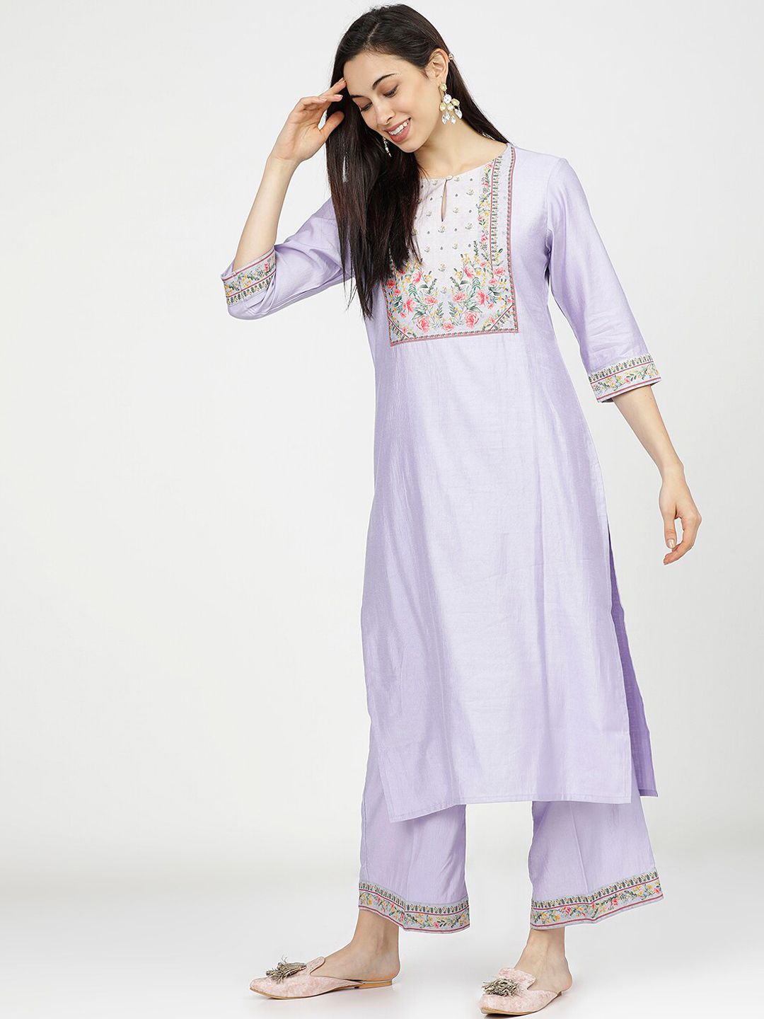 Vishudh Women Blue & Beige Floral Yoke Design Empire Kurta with Palazzos & With Dupatta - Distacart