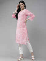 Thumbnail for ADA Women Pink & White Ethnic Motifs Embroidered Chikankari Cotton Kurta - Distacart