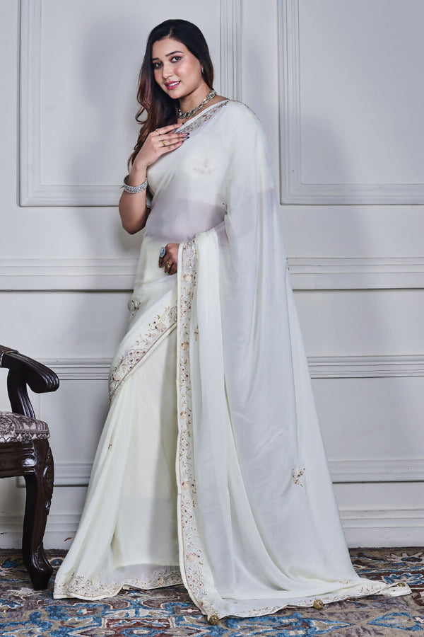 Morchari Off White Chiffon Hand Embroidery Saree Stitched Blouse
