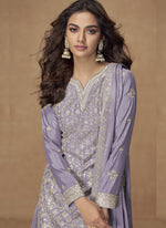 Thumbnail for Vegaa Fashion Lavender Chinon Silk Embroidered Deiigner Palazzo Suit