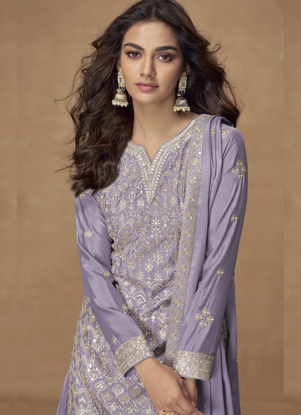 Vegaa Fashion Lavender Chinon Silk Embroidered Deiigner Palazzo Suit