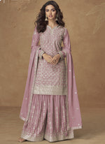 Thumbnail for Vegaa Fashion Light Pink Chinon Silk Embroidered Deiigner Palazzo Suit