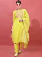 Thumbnail for Vishudh Women Lime Green Floral Yoke Design Thread Work Kurta with Trousers & With Dupatta - Distacart