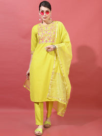 Thumbnail for Vishudh Women Lime Green Floral Yoke Design Thread Work Kurta with Trousers & With Dupatta