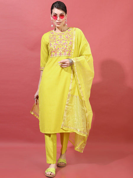 Vishudh Women Lime Green Floral Yoke Design Thread Work Kurta with Trousers & With Dupatta