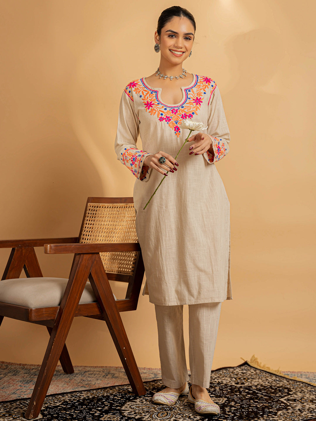 HOUSE OF KARI Floral Embroidered Chikankari Kurta With Palazzo - Distacart