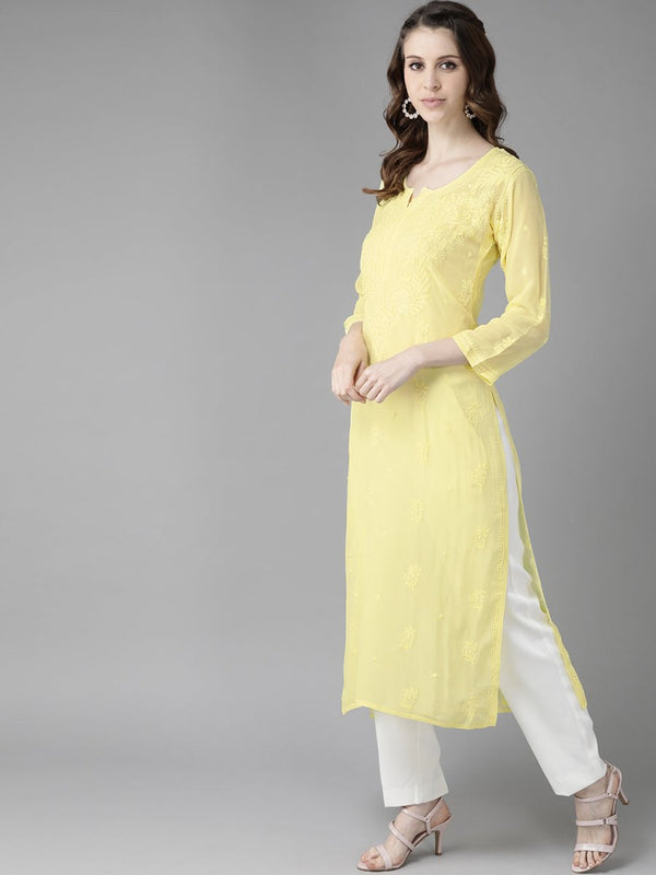 ADA Women Yellow Ethnic Motifs Embroidered Chikankari Georgette Handloom Kurta - Distacart