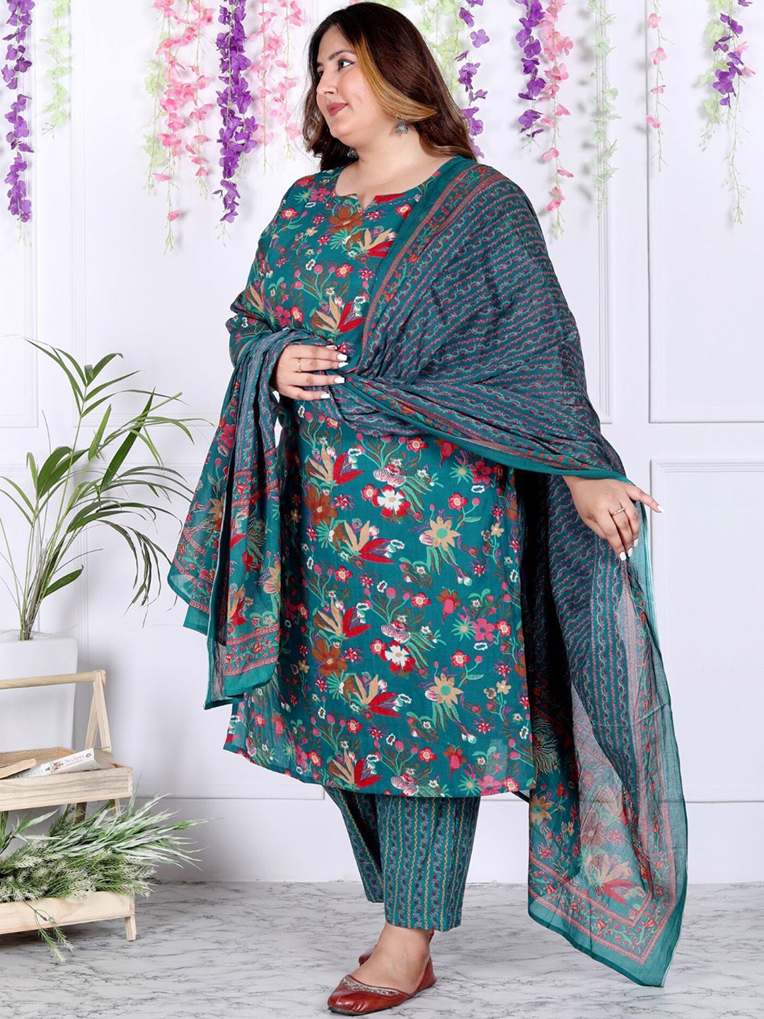 Swasti Plus Size Floral Printed Regular Pure Cotton Kurta with Trousers & Dupatta
