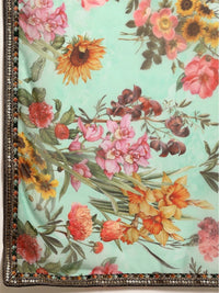 Thumbnail for Anouk Sea Green & Yellow Pure Georgette Floral Printed Saree - Distacart