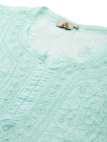 Thumbnail for ADA Women Sea Green Chikankari Hand Embroidered Straight Kota Handloom Kurta With Matching Slip - Distacart
