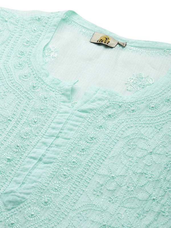 ADA Women Sea Green Chikankari Hand Embroidered Straight Kota Handloom Kurta With Matching Slip - Distacart