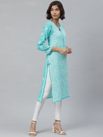 Thumbnail for ADA Women Sea Green & White Floral Chikankari Embroidered Straight Sustainable Handloom Kurta - Distacart