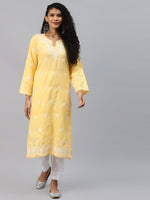 Thumbnail for ADA Women Yellow Ethnic Motifs Embroidered Chikankari Handloom Kurta with Palazzos - Distacart