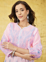 Thumbnail for ADA Women Pink & Blue Chikankari Hand Embroidered Semi-Sheer Straight Sustainable Handloom Kurta - Distacart