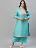 Thumbnail for Sztori Plus Size Floral Printed Round Neck Straight Kurta with Palazzos - Distacart