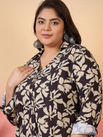 Thumbnail for Sztori Plus Size Floral Printed Shirt Collar Roll-Up Sleeves Crepe Pathani Kurta - Distacart