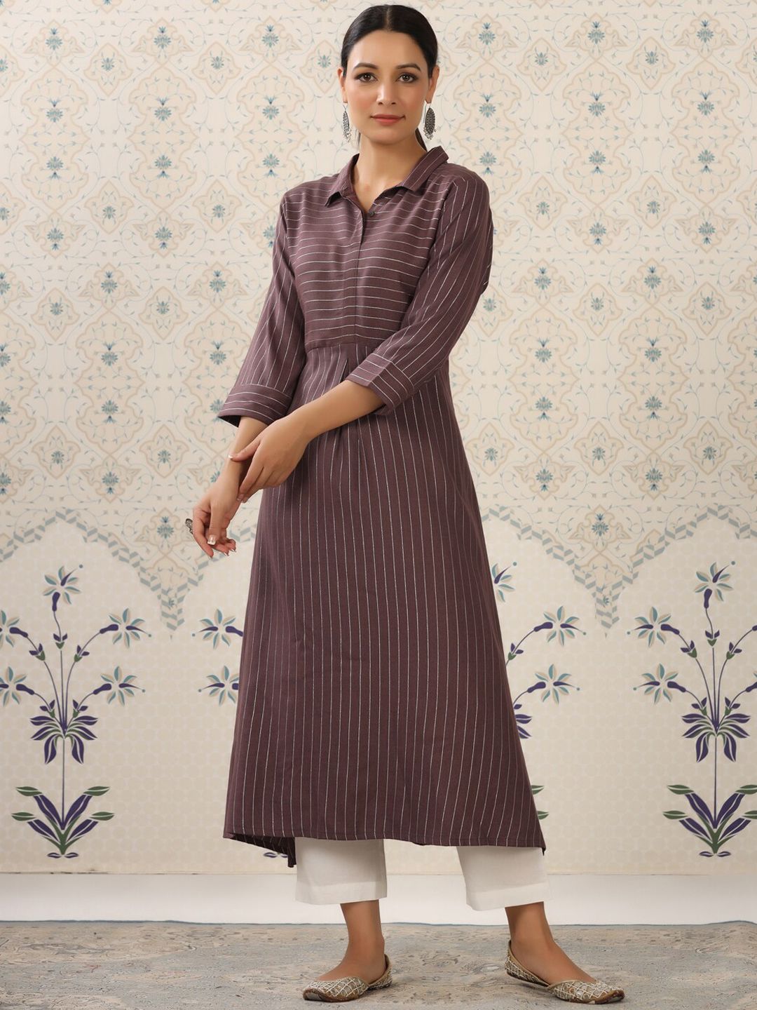 Ode by House of Pataudi Brown & White Striped Shirt Collar Pure Cotton Kurta With Trousers - Distacart