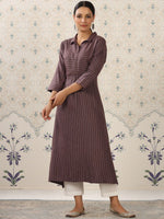 Thumbnail for Ode by House of Pataudi Brown & White Striped Shirt Collar Pure Cotton Kurta With Trousers - Distacart
