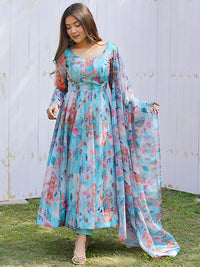 Thumbnail for Kalini Floral Printed Gotta Patti Anarkali Kurta With Trousers & Dupatta - Distacart