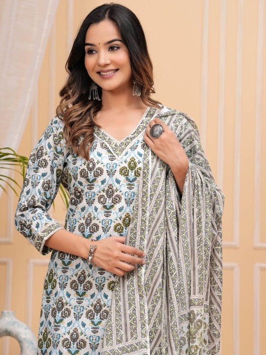 Floral Printed Regular Pure Cotton Straight Kurta with Palazzos & With Dupatta (Grey) - Rasiya