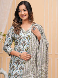 Thumbnail for Floral Printed Regular Pure Cotton Straight Kurta with Palazzos & With Dupatta (Grey) - Rasiya
