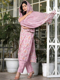 Thumbnail for Ethnic Motifs Printed Pure Cotton Straight Kurta with Palazzos & With Dupatta (Pink) - Rasiya