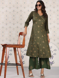 Thumbnail for Ode by House of Pataudi Olive Green & Gold Printed V Neck Angrakha Kurta With Palazzos