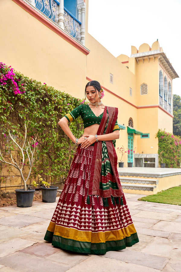 Vastranavya Printed and Foil Work Tussar Silk Lehenga with Unstitched Blouse - Maroon - Distacart