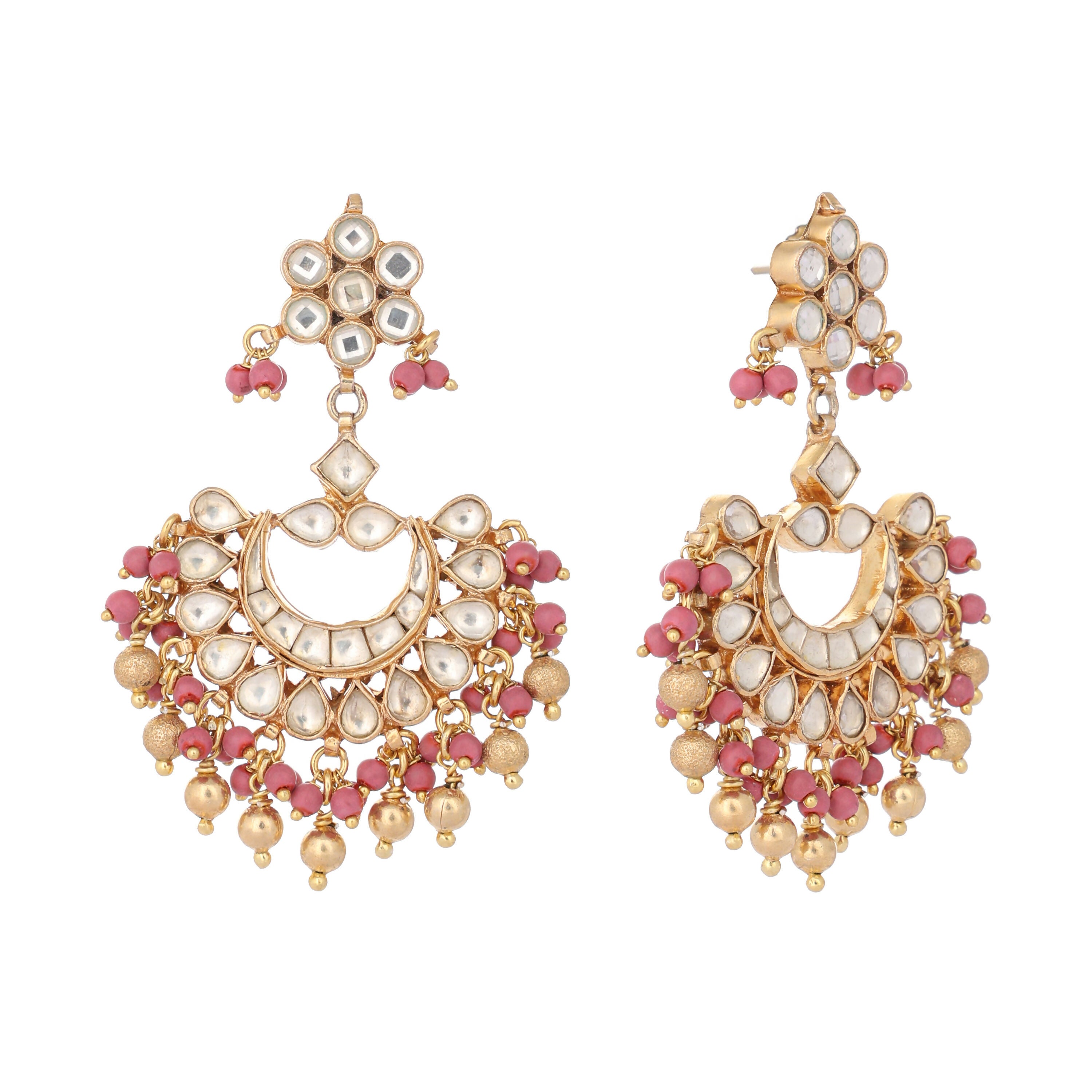 Nuyug 22k Gold-Plated Kundan Chandbali Earrings with Pink Stones