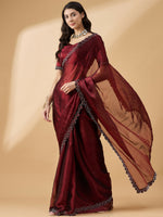 Thumbnail for Brown Organza Swaroski Diamond Work Saree with Unstitched Blouse - Radha - Distacart