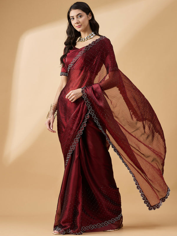 Brown Organza Swaroski Diamond Work Saree with Unstitched Blouse - Radha - Distacart