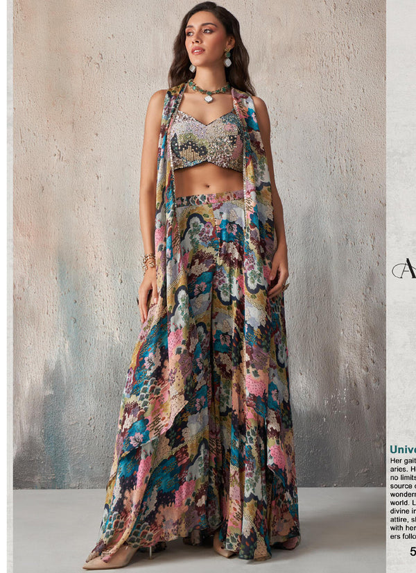 Vegaa Fashion Blue Chinon Western Plazzo Style Lehenga