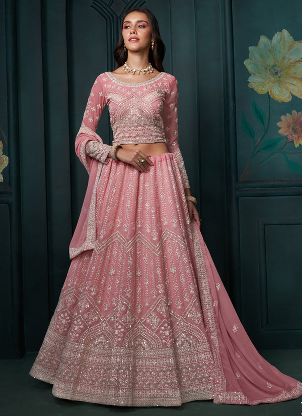 Vegaa Fashion Pink Georgette Embroidered Wedding Lehenga