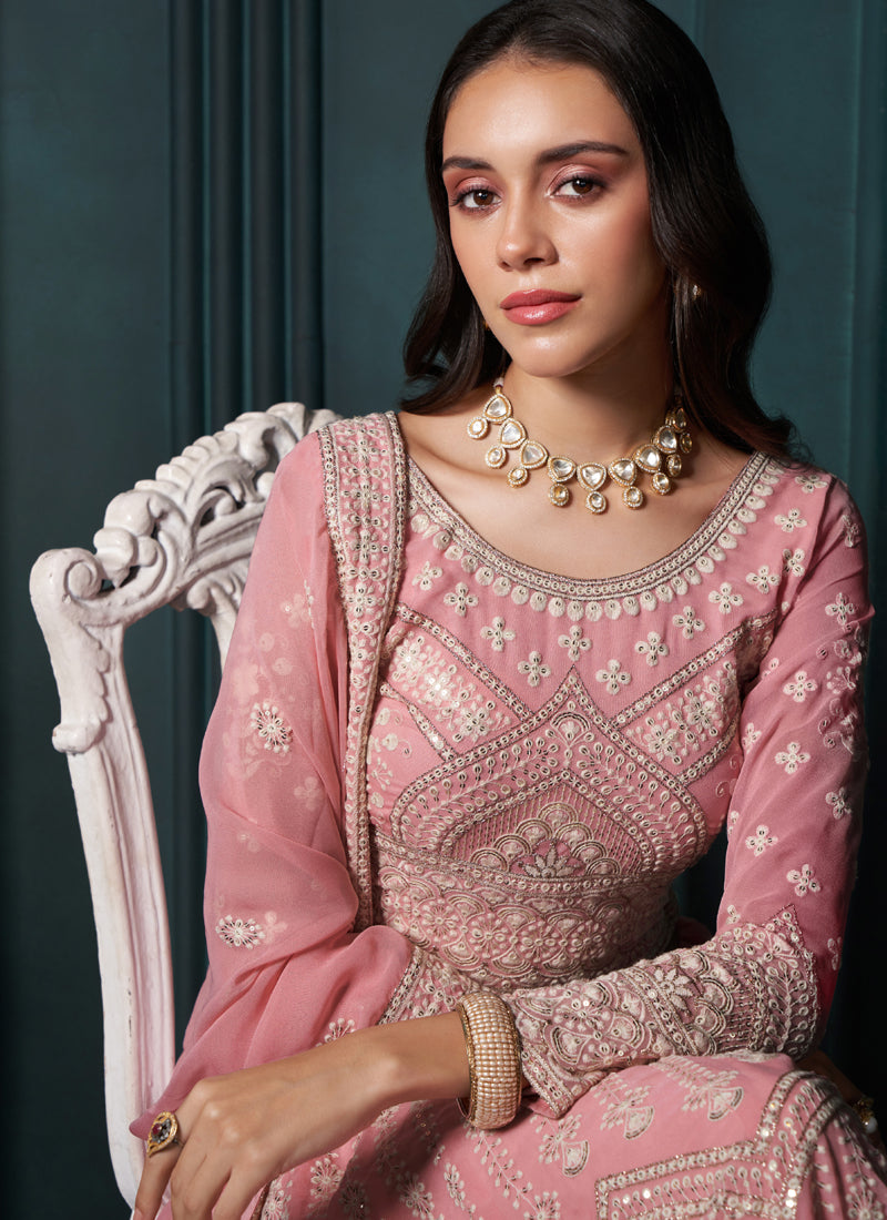 Vegaa Fashion Pink Georgette Embroidered Wedding Lehenga