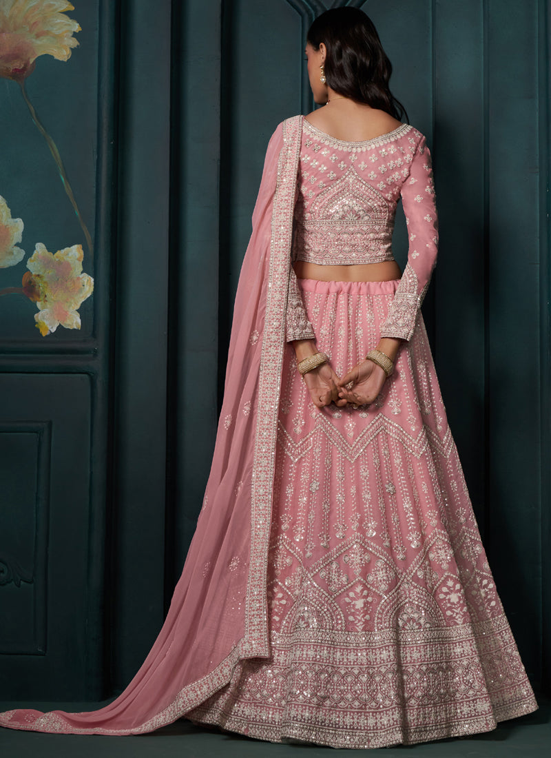 Vegaa Fashion Pink Georgette Embroidered Wedding Lehenga