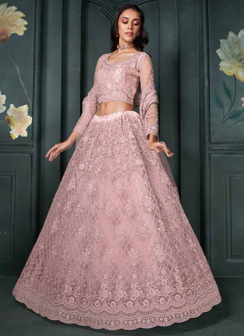 Vegaa Fashion Designer Dusty Pink Net Embroidery Bridal Lehenga