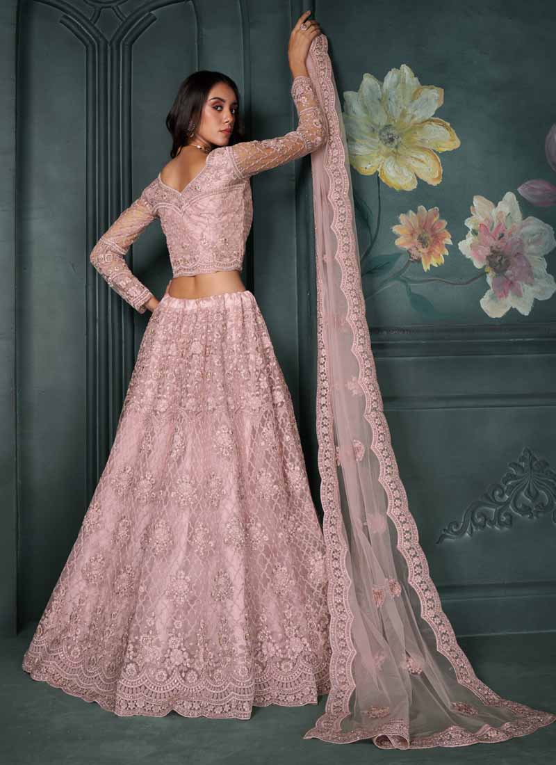 Vegaa Fashion Designer Dusty Pink Net Embroidery Bridal Lehenga